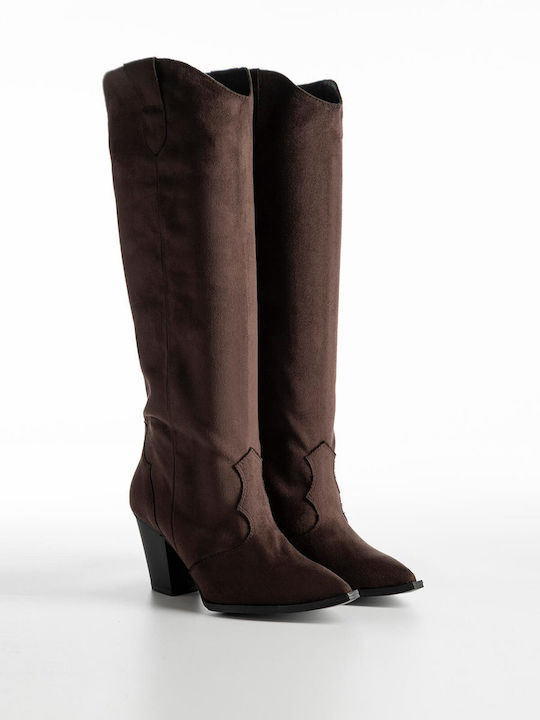 Gin Suede Γυναικείες Μπότες Cowboy με Μεσαίο Τακούνι Καφέ