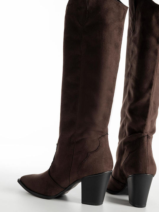 Gin Suede Γυναικείες Μπότες Cowboy με Μεσαίο Τακούνι Καφέ