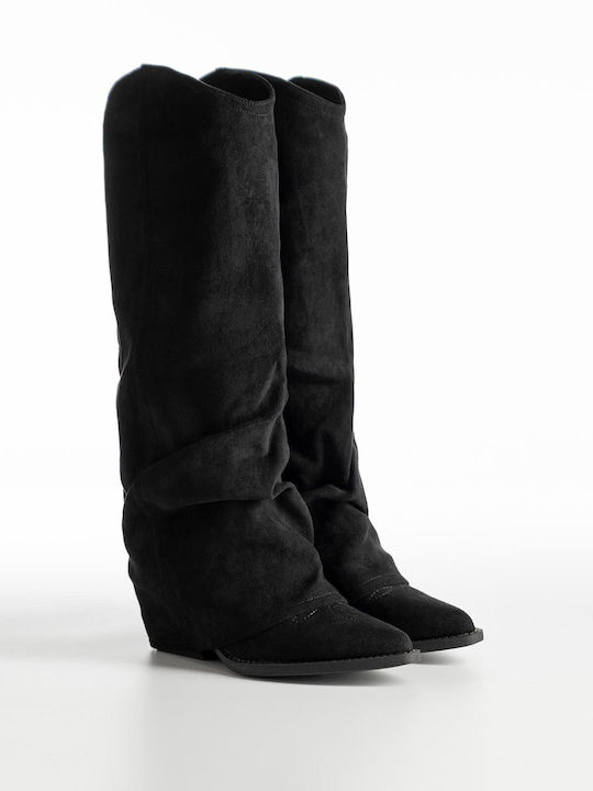 Suede Medium Heel Women's Boots with Zipper Black
