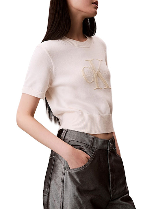 Monologo Damen Crop Top Baumwoll Kurzärmelig Weiß Grau Beige Ecru