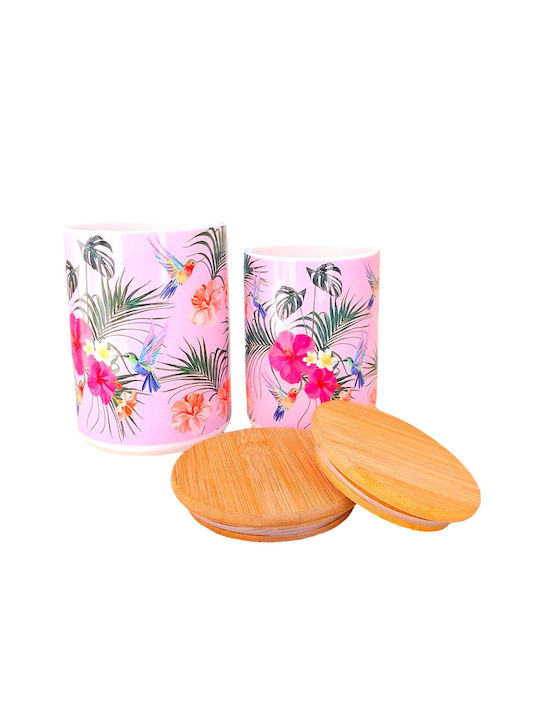 Set 2 Pieces Sugar Coffee Jars with Lid Porcelain Pink 12x17cm 2 Pieces