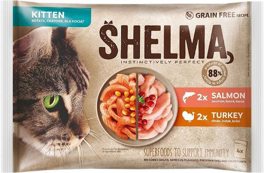 Shelma Kitten Мокра Храна за Малки Котки в Чантичка с Турция, Сьомга и Птици без Зърнени 4x85гр