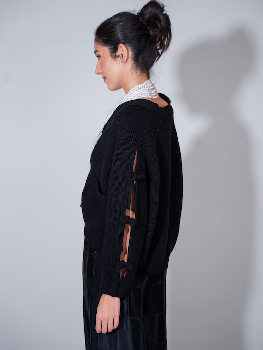 Kurze Gestrickte Damen Strickjacke mit Knöpfen Schwarz
