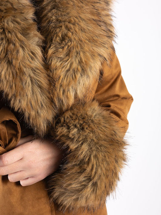 Damen Camel Mantel mit Fellbesatz