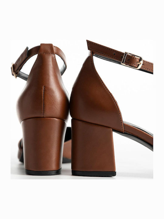 Synthetic Leather Pointed Toe Brown Medium Heels with Strap