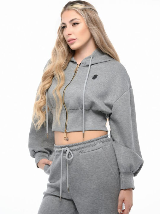 Cropped Γυναικεία Ζακέτα Φούτερ με Κουκούλα Grey