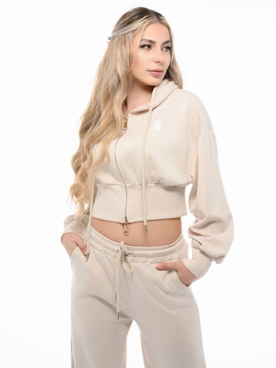 Cropped Women's Sweatshirt Jacket Hooded Ivory