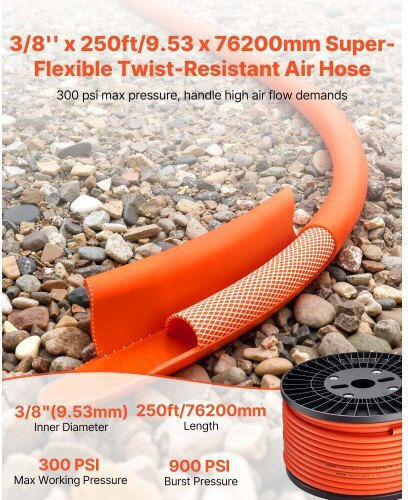 Vevor Flexible Air Hose 9.53 X 76200mm Hybrid Kink Resistant 300 Psi Orange Kqrg1ptkqrgryh0us001v0