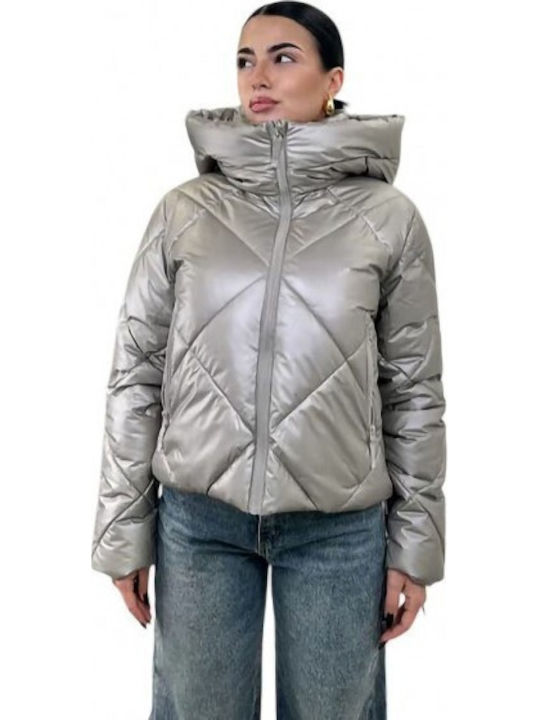 Κοντό Γυναικείο Puffer Μπουφάν για Χειμώνα Ασημί