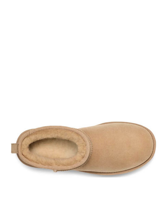 Classic Ultra Mini Leather Women's Ankle Boots with Fur Sand