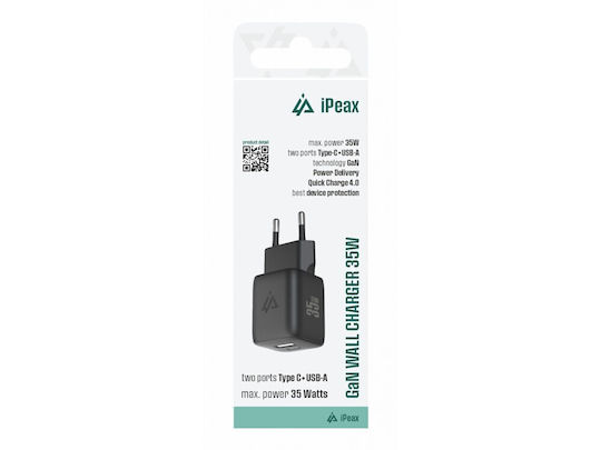 iPEAX Ladegerät ohne Kabel GaN mit USB-A Anschluss und USB-C Anschluss 35W Stromlieferung / Schnellaufladung 4.0 Schwarzs
