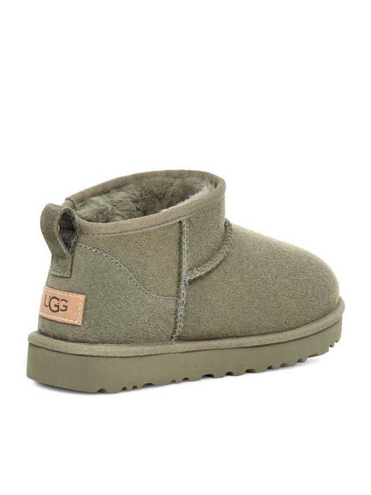 Classic Ultra Mini Leather Women's Ankle Boots with Fur Moss Green