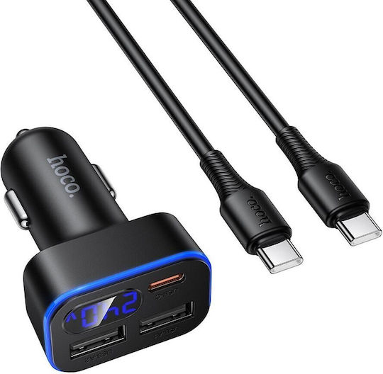 Hoco Auto-Ladegerät 42W Schnellladung mit Anschlüssen: 2xUSB 1xType-C mit Kabel Typ-C,TC-TC Schwarz Farbe