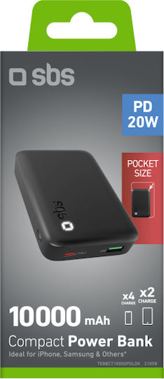 SBS Power Bank 10000mAh 20W με Θύρα USB-A και Θύρα USB-C Μαύρο