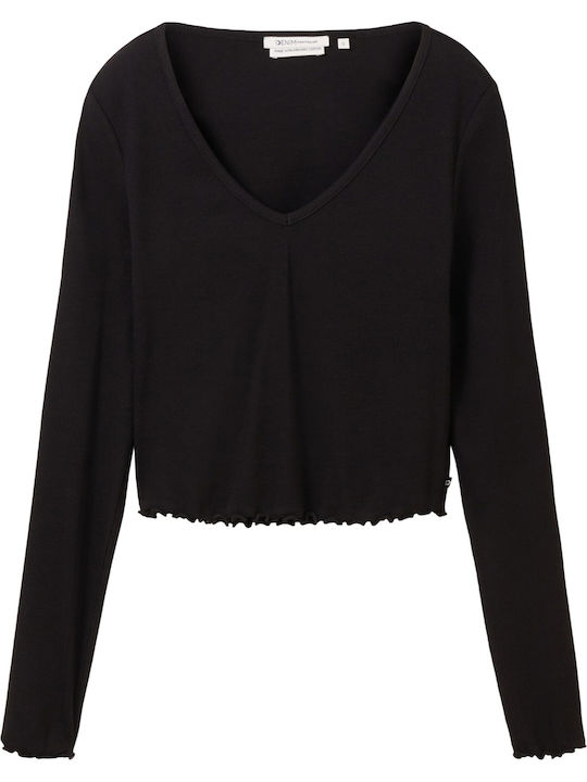 Damen Crop Top Langarm Schwarz