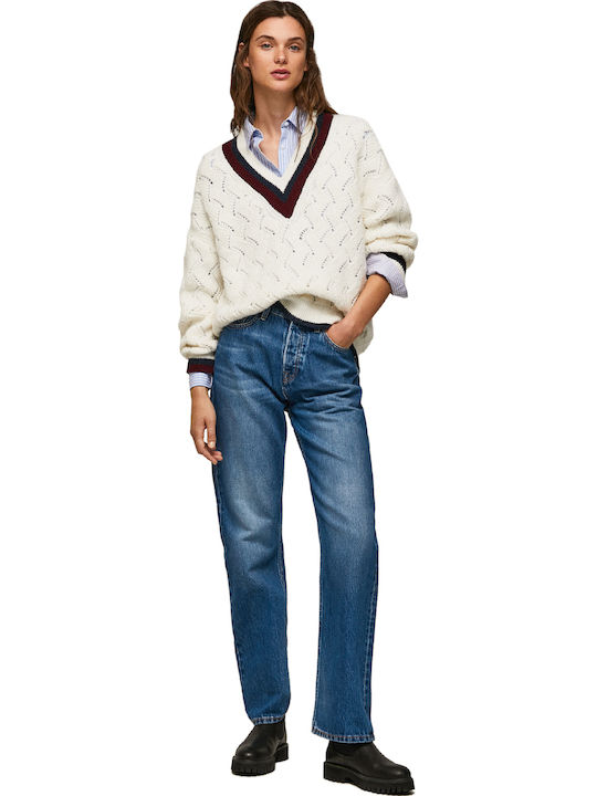 Damen Langarm Pullover mit V-Ausschnitt Gestreift Beige