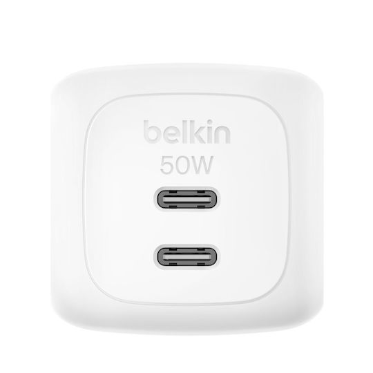 Belkin Charger GaN with 2 USB-C Ports and Cable USB-C 50W Power Delivery Whites (BoostCharge Pro)
