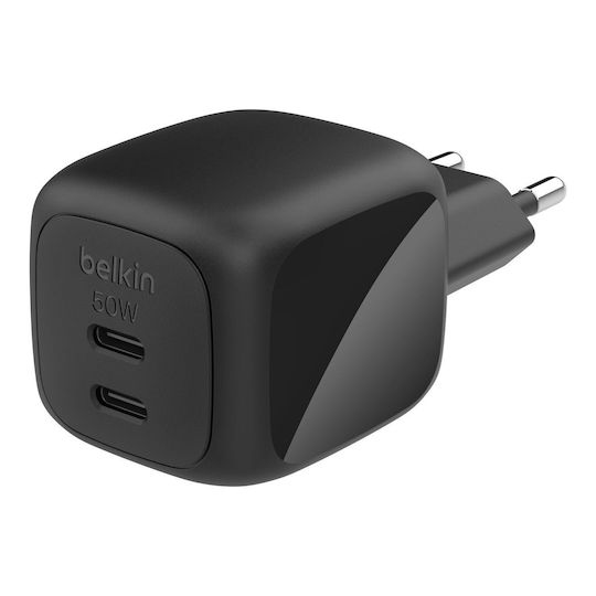 Belkin Charger Without Cable GaN with 2 USB-C Ports 50W Power Delivery Blacks (BoostCharge Pro)