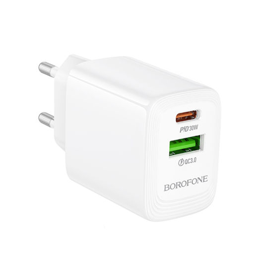 Borofone Charger Without Cable GaN with USB-A Port and USB-C Port 30W Power Delivery / Quick Charge 3.0 Whites (BN29)