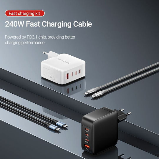 Vention Mobile Phone Charger with USB-A Port and 3 USB-C Output Ports and USB-C - USB-C Cable 140W Power Delivery / Quick Charge 3.0 White