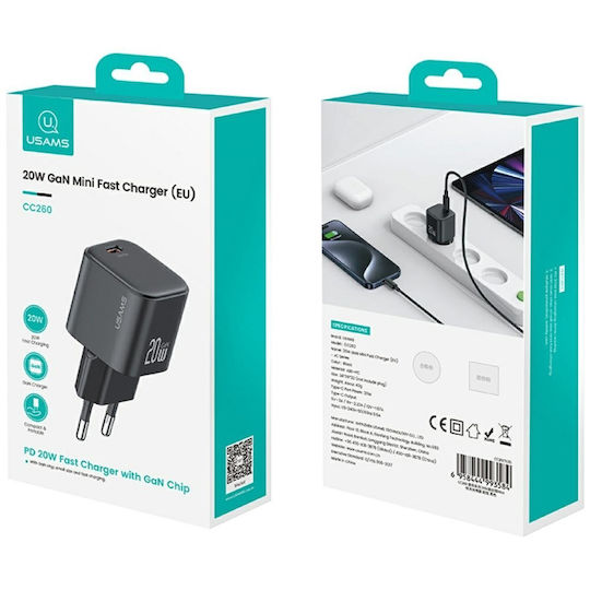 Usams Φορτιστής GaN με Θύρα USB-C και Καλώδιο USB-C - Lightning 20W Power Delivery Λευκός (CC260)