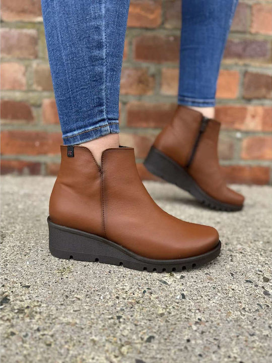 Leather Women's Ankle Boots Platform Tabac Brown
