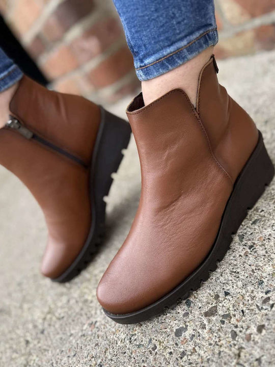 Leather Women's Ankle Boots Platform Tabac Brown
