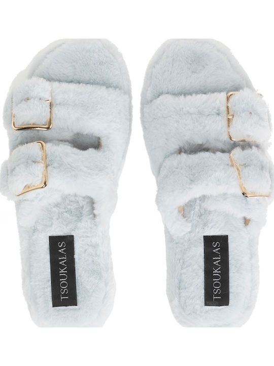 Winter Women's Slippers with Fur Light Blue