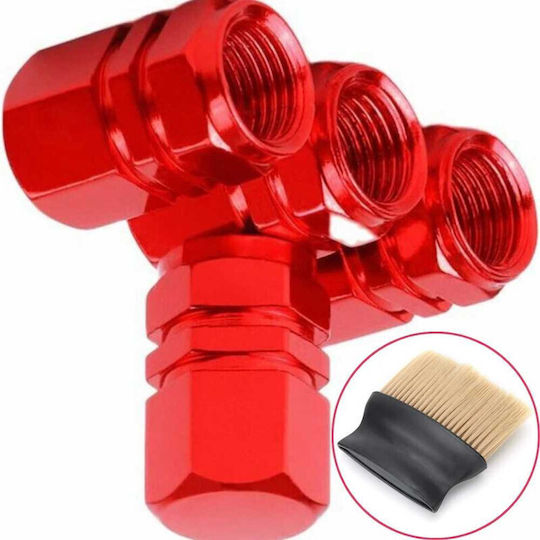 Set 4 Capace Hexagonale Mercaton Pentru Supape Auto Aluminiu 1,8 Cm Roșii Softtouch Perii Nailon Mâner Ergonomic