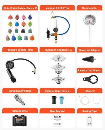 Coolant Pressure Test Set 47 Pieces Vacuum Radiator Refill Set 3 Metal Adapters Universal Application Car Cooling System Pressure Test Tool Pressure Pump & Plastic-Aluminum Filler