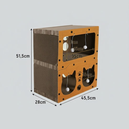 Căsuță 3 În 1 Pentru Pisici Zola 2 Niveluri Zonă De Ascuțit Ghearele 4 Jucării Material HDF Carton Ondulat 51,5 X 45,5 X 28 Cm Maro