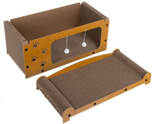 Căsuță 3 În 1 Pentru Pisici Zola Spațiu De Ascuțit Ghearele 2 Jucării Material HDF Carton Ondulat 29,5 X 56 X 27 Cm Maro