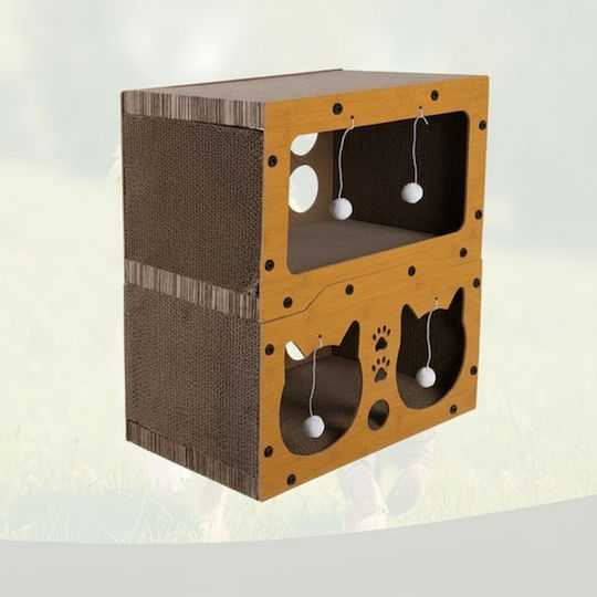 Căsuță 3 În 1 Pentru Pisici Zola 2 Niveluri Zonă De Ascuțit Ghearele 4 Jucării Material HDF Carton Ondulat 51,5 X 45,5 X 28 Cm Maro