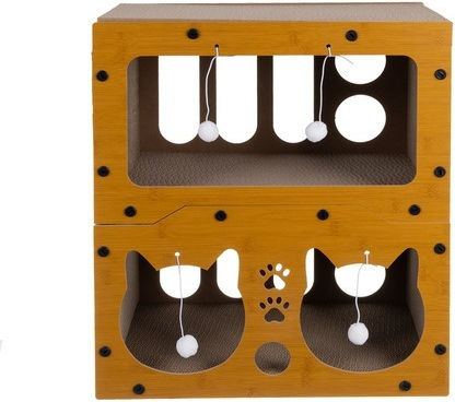 Căsuță 3 În 1 Pentru Pisici Zola 2 Niveluri Zonă De Ascuțit Ghearele 4 Jucării Material HDF Carton Ondulat 51,5 X 45,5 X 28 Cm Maro