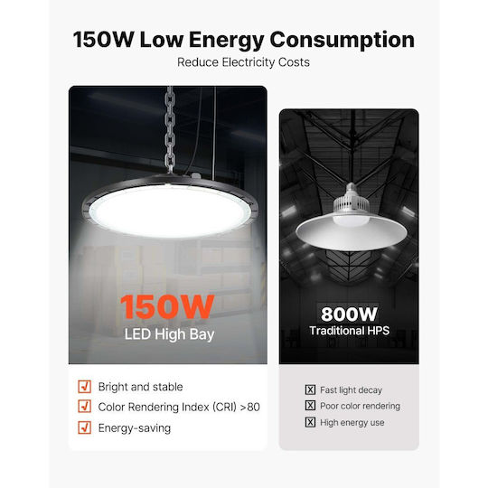 Vevor Commercial Bell Light 150W Cool White 21000lm with Built-in LED Black