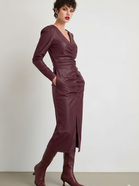 Midi Evening Dress Leather with Slit Burgundy