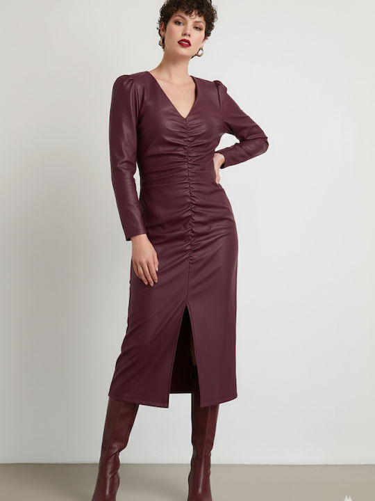 Midi Evening Dress Leather with Slit Burgundy