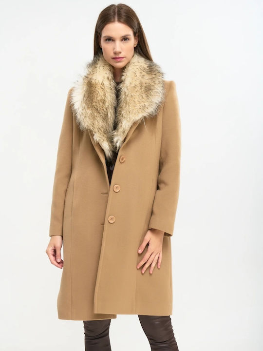 Women's Camel Coat with Fur Details