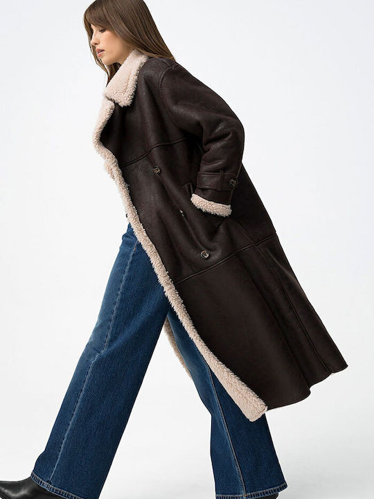 Women's Brown Coat Teddy with Fur Details