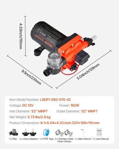 Vevor Rv 12v Dc 5 Gpm 18.9 L Min Water Pump Diaphragm Self-Priming 4-Chamber Automatic Pressure Switch Maximum Pressure 70 Psi Custom Rv Caravan Marine Yacht Car Wash