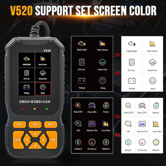 Professional Auto Scanner Obd2 Techstar V520 Engine Diagnosis Read Clear Error Codes Live Data Cloud Report Printing Multilingual 2.8-inch Color Screen