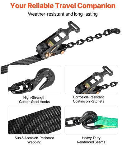 Vevor Wheel Chock Tie Down Kit Car Towing Strap Tire Type Car Tie Down Kit Heavy Duty Hook Break Strength 4540 Kg & Working Load 1512 Kg Motorcycle ATV SUV Trailer Tie Down System