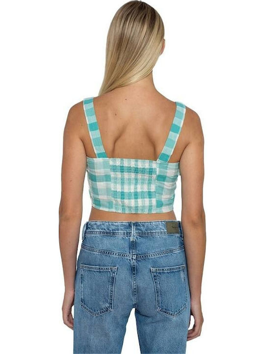 Valentina Γυναικείο Καλοκαιρινό Crop Top Βαμβακερό με Τιράντες Καρό Τιρκουάζ