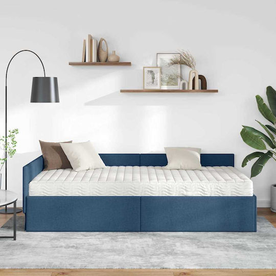 Pat Single Tapițat cu Material Albastru cu Plăci Potrivit pentru Saltea 90x190cm