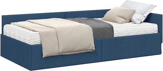 Pat Single Tapițat cu Material Albastru cu Plăci Potrivit pentru Saltea 90x190cm