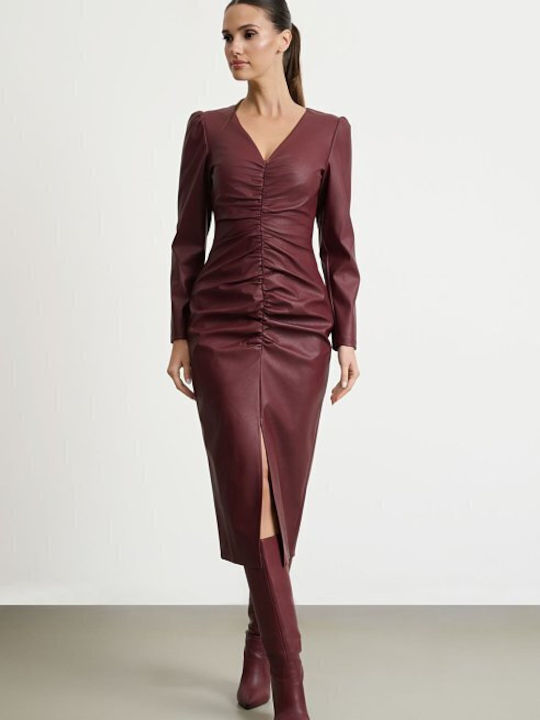 Midi Evening Dress Leather with Slit Burgundy