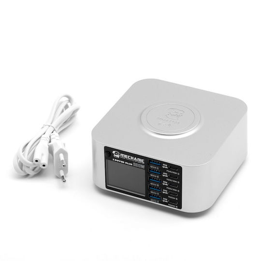 Mechanic Ladestation mit 5 USB-A Anschlüsse und 5 USB-C Anschlüsse 200W Stromlieferung / Schnellaufladung 3.0 in Silber Farbe (X-Power PLUS)