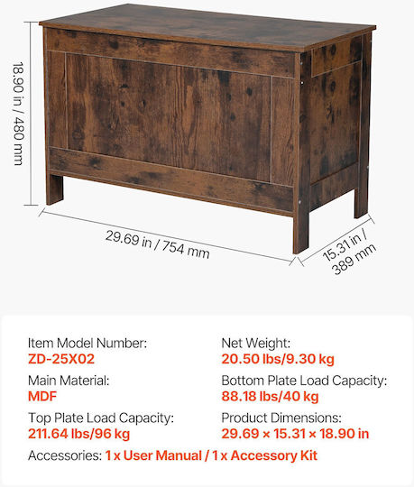 Vevor Children's Storage Box made of Wood Brown 75.4x38.9x48cm 1pcs