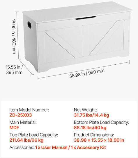 Vevor Children's Storage Box made of Wood White 99x39.5x48cm 1pcs