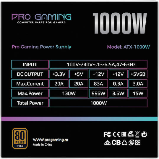 ProGaming 1000W Черен Компютърно захранване Пълен модул 80 Plus Gold (PGPSU1000B1)